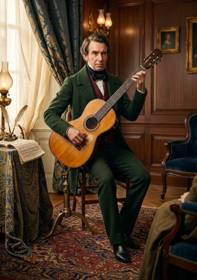 Dionisio Aguado playing the guitar, an illustration recreating his portrait